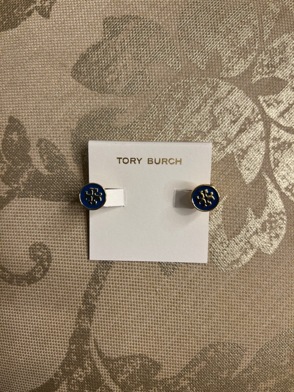 Tory Burch Royal Blue and Gold Logo Stud Earrings